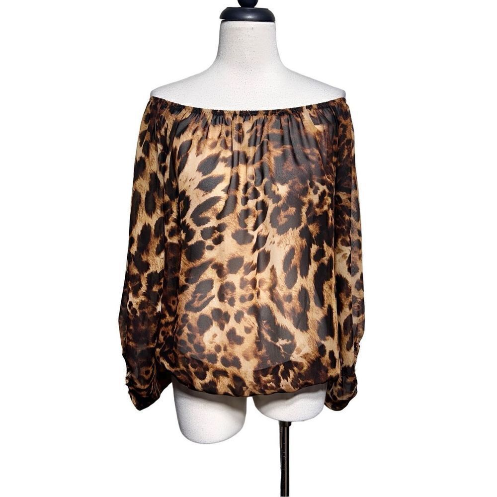 Emma Rose Sheer Leopard Print Off the Shoulder Blouson Top Small